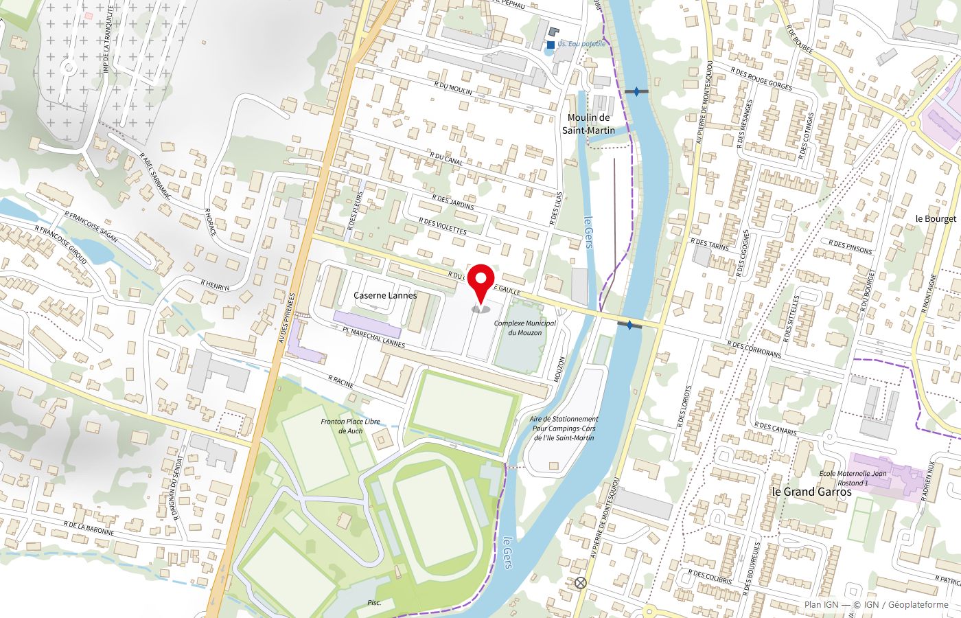 Plan de situation du Complexe sportif du Mouzon, rue du Général de Gaulle à Auch